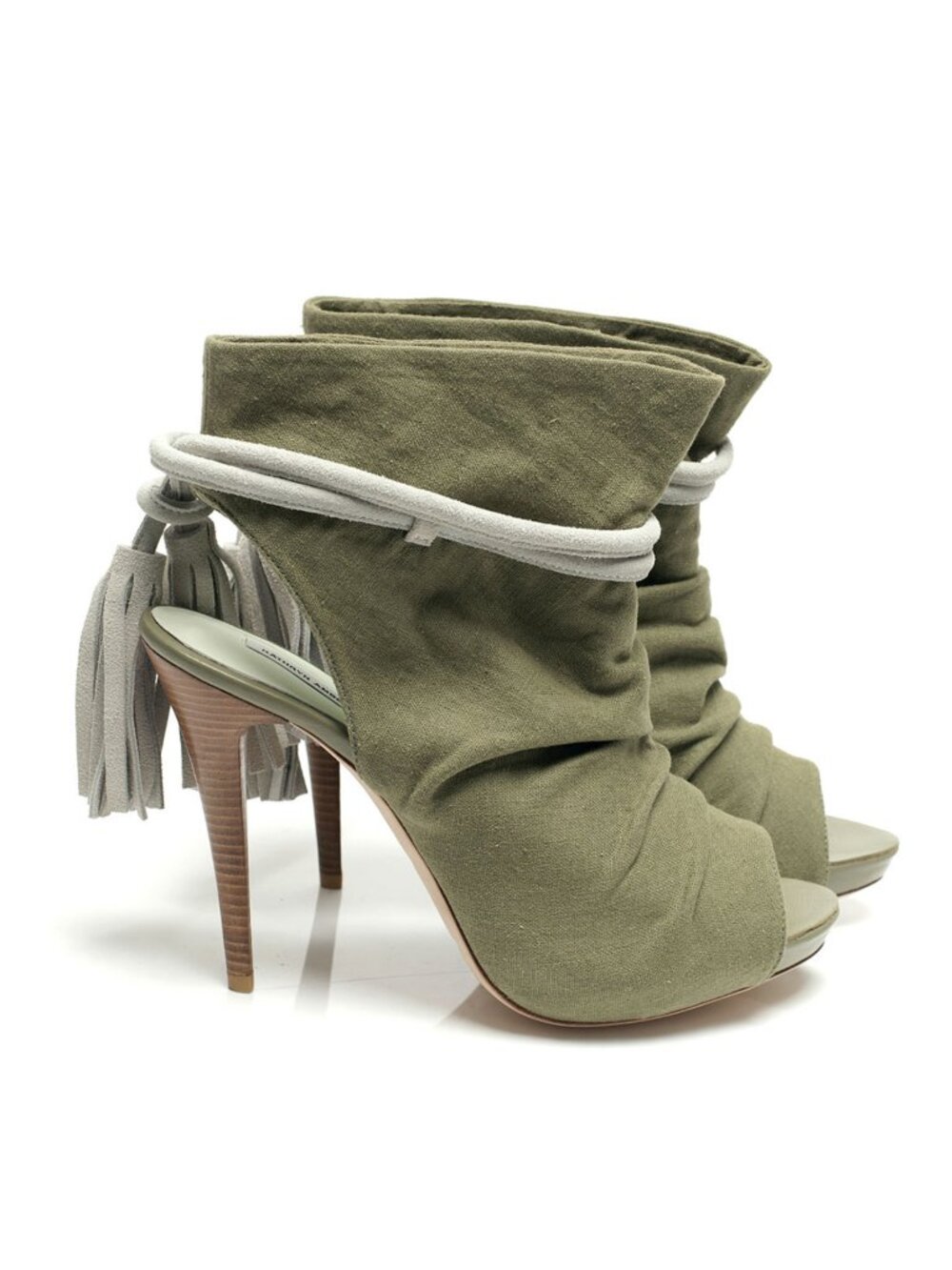 New Green Linen High Heel Bootie Boots w Suede Tassels NYC Designer Handmade